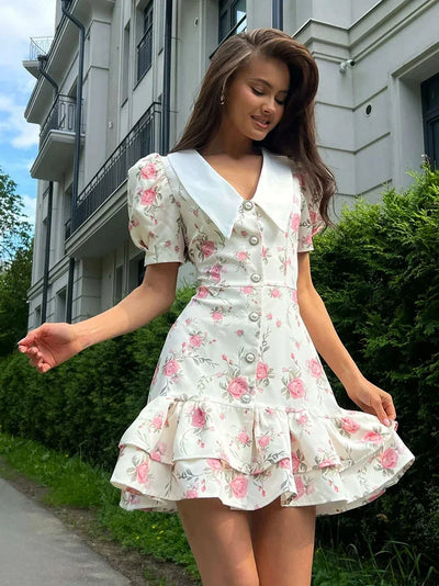 Floral Ruffles Women Dress French V Neck Puff Sleeve Summer Slim Sweet Mini Dress Fresh Chic High Waist A Line Elegant New Dress