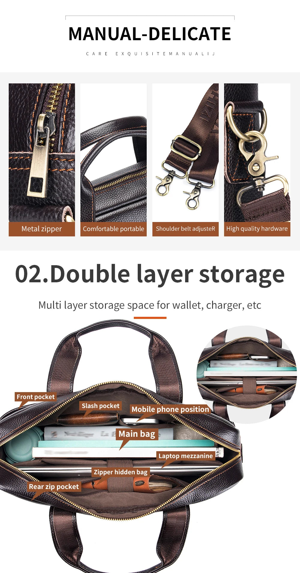 Hot selling men's bags, leather handbags, men's top layer cowhide briefcase, 14 inch computer file bag