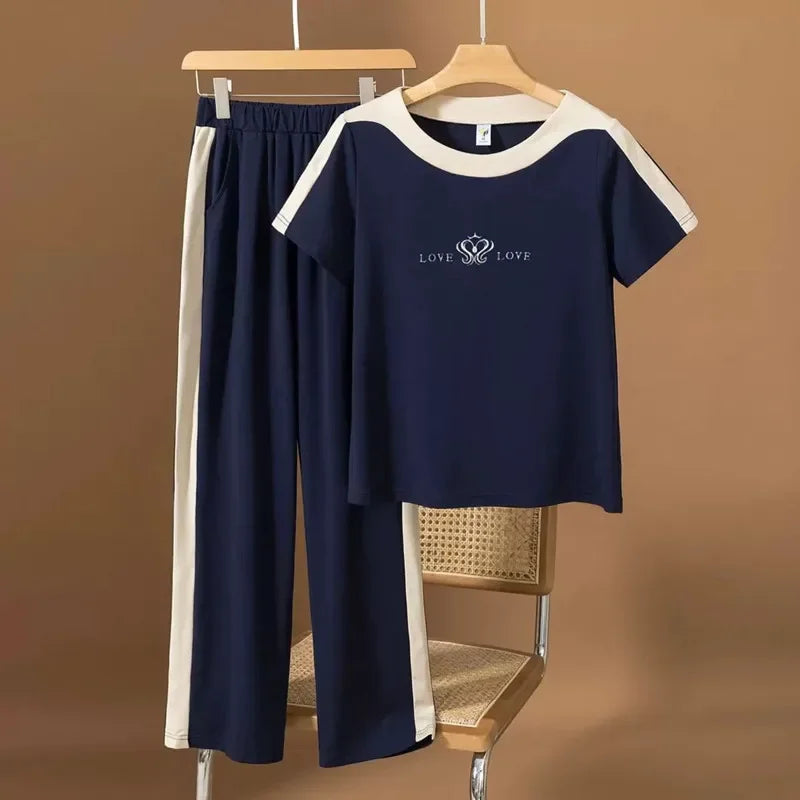 Casual sportswear set for women 2024 spring and summer new fashion short sleeved+wide leg pants two-piece set