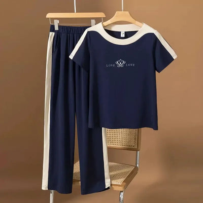 Casual sportswear set for women 2024 spring and summer new fashion short sleeved+wide leg pants two-piece set