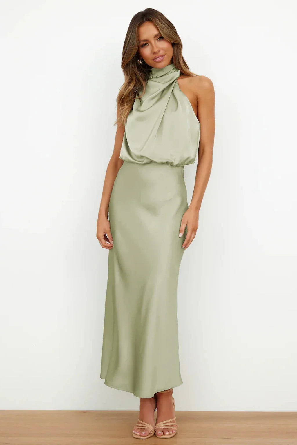 2025 Spring/Summer Long Dress for Women High Waist Halter Satin Sleeveless Dress Fashion Elegant Solid Evening Party Dresses