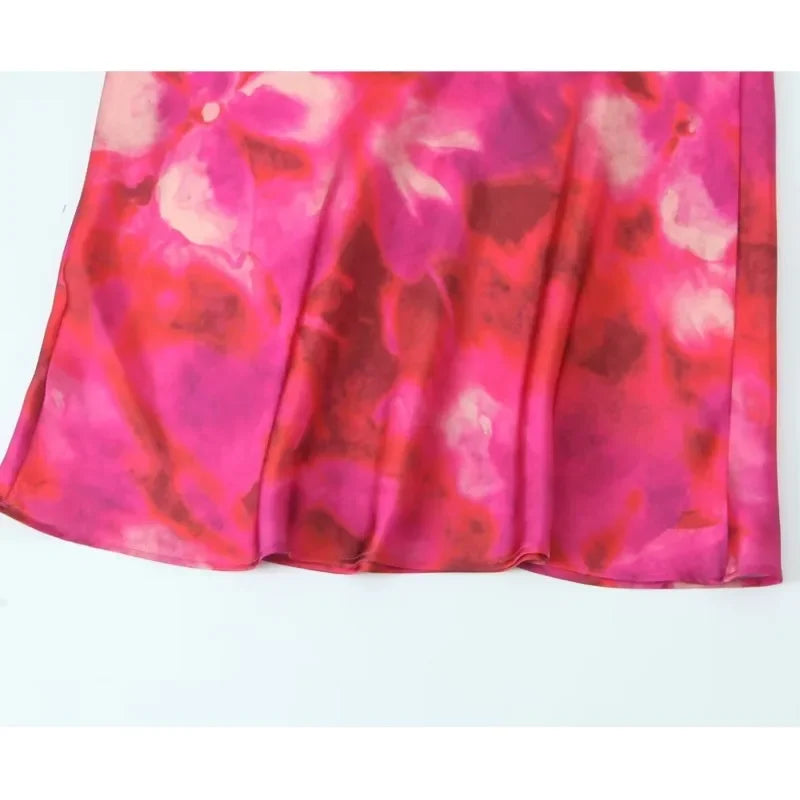 Women Printed Satin Midi Dress Spring Caual Women Back Button Sleeveless Dress Elegant Silk texture Female Chic Dress