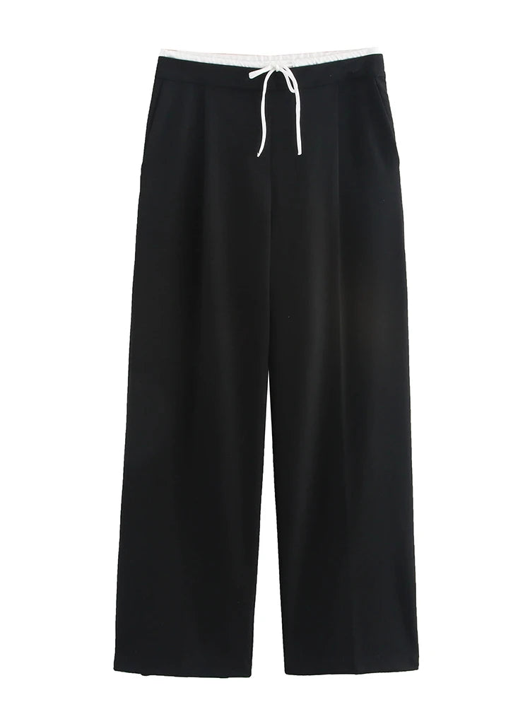 Wide Leg Pants For Women Straight Autumn Coffee Tie Up Casual Trousers Women Gray Loose Pants Ladies Black Trousers Office
