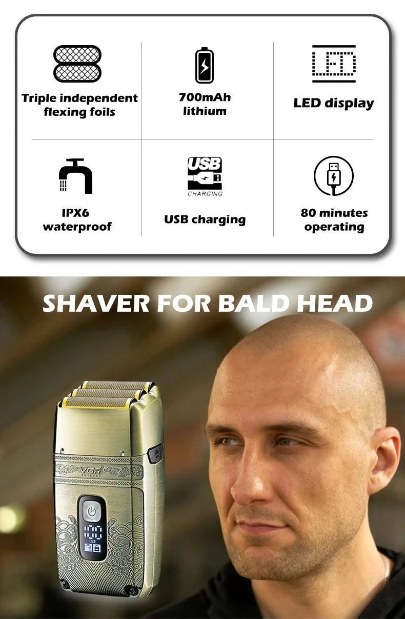 VGR Metal Wet Dry Electric Shaver For Men Rechargeable Hair Beard Electric Razor Washable Facial Shaving Machine For Bald Head