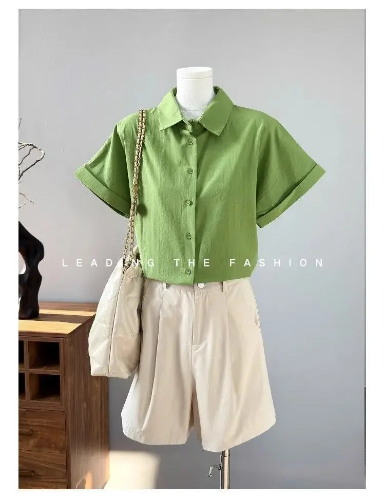 Women Clothing Summer Fashion Casual Button Solid Color Polo Collar Female Simplicity Temperament Appear Thin Short Sleeve Tops