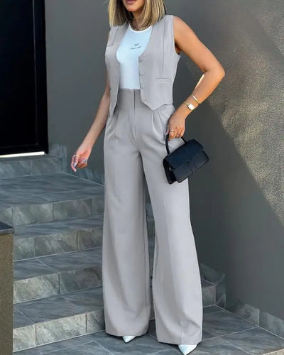 Trousers Suit Women's Vest Trousers Suit Elegant Loose Regular Work Suit High Waist Wide-leg Trousers 2-piece Street Suit