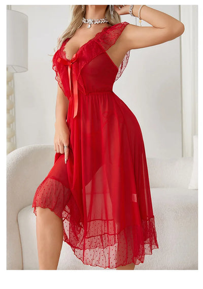 Women's Sexy Lingerie Nightgown Semi Sheer Babydoll Sleepwear Dress With Polka Dots Bow Knot Decor Summer Mesh V-Neck Loungewear