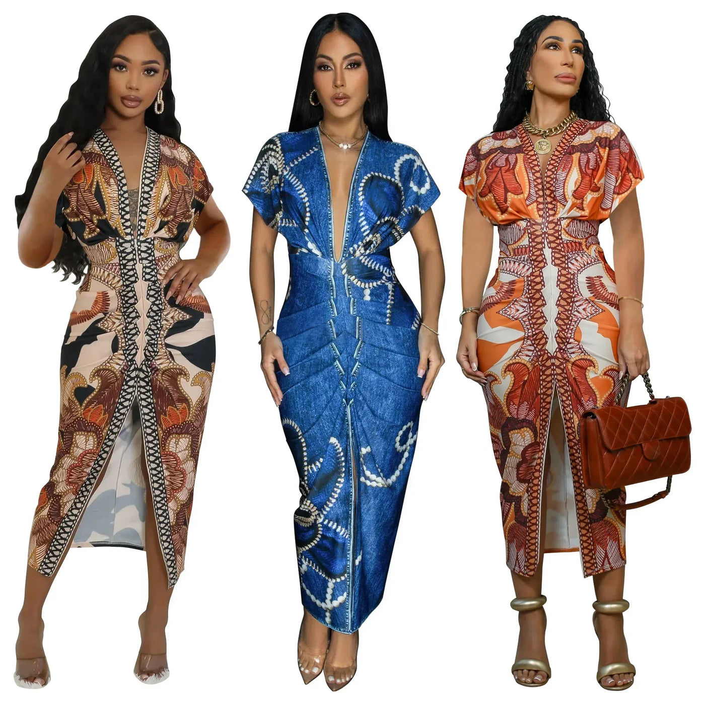 Fashionable Short Sleeve V-Neck Printed Slim Fit African Style Women's Dress K10822 Cross-Border Elegant Chic Dress