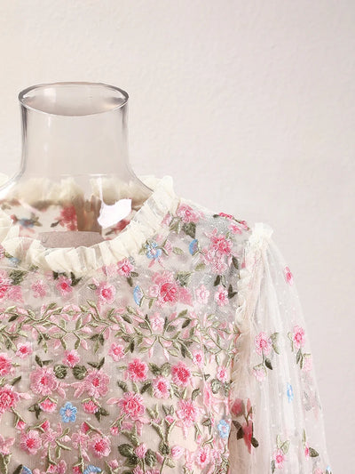 QMQA Fashion Women's Embroidery Dresses Round Neck High Waist Bow Mesh Spliced Long Sleeve Elegant Dress Female 2024 1A102