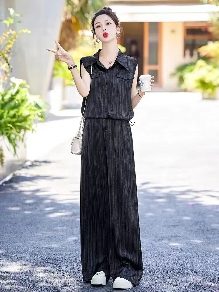 Wear To Work Shirt Ladies Trouser Black Women's Blouse and Pants Two Piece Set Professional Wide Leg Office Baggy Stripe Outfit