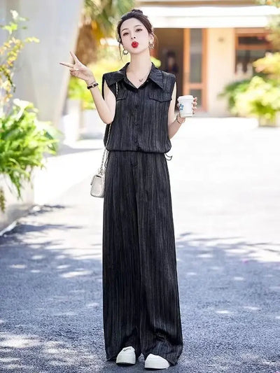 Wear To Work Shirt Ladies Trouser Black Women's Blouse and Pants Two Piece Set Professional Wide Leg Office Baggy Stripe Outfit