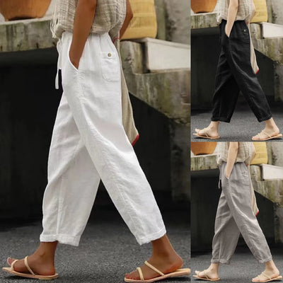 Women Solid Cotton Linen Pants Casual Baggy Elastic Waist Cropped Trousers Basic Wide Leg Linen Pants Pantalones De Mujer