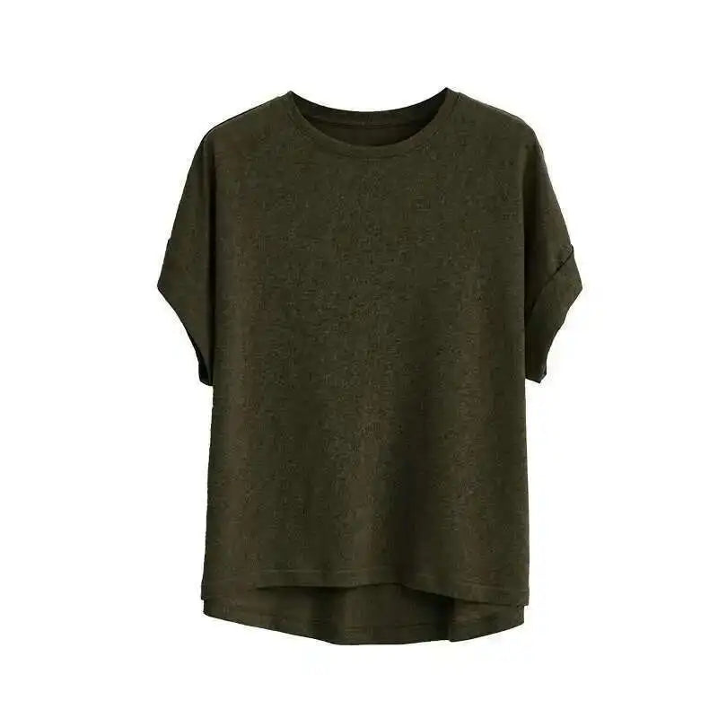 Summer Women Cotton Linen T-shirt Round Neck Thin Short-sleeved Transparent Loose Bottoming T-shirts Tops