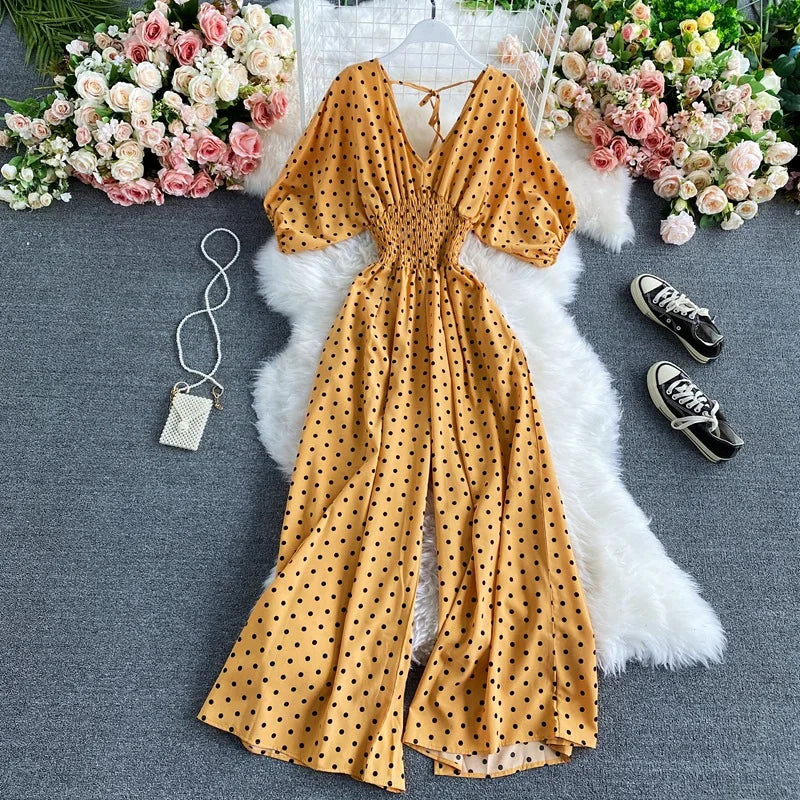 V Neck Sexy Dolman Sleeves Waist Slim Polka Dot Print Jumpsuit Women Wide Leg Trousers Jumpsuit