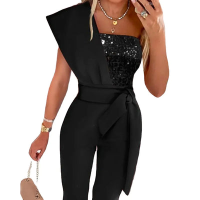 Summer Bodysuit Sexy Party Overalls Solid Sleeveless Women Jumpsuit Long Pants Rompers Lace-up Slim-fit Sequin Women's Trousers