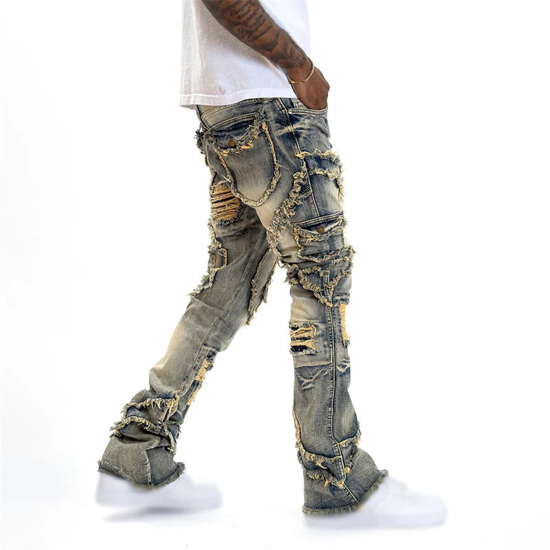 Men's Spring Autumn Casual Denim Pants Ripped Multi Pockets Slim Fit Jeans Trousers for Streetwear Punk Trendy Fashion Retro