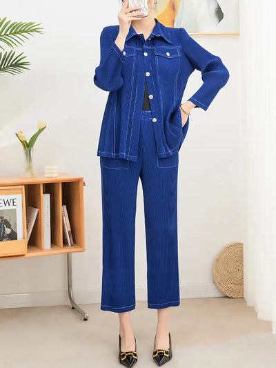 Wrinkle fashion casual suit for women high-end and casual loose fit plus size shirt collar top straight leg pants [20240514]