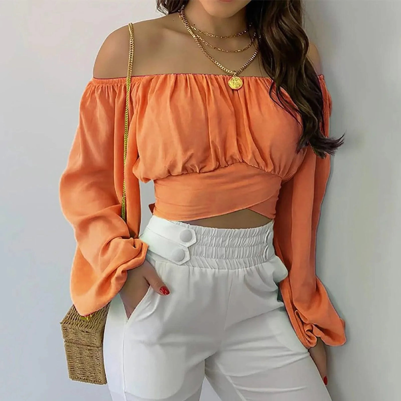 Women Sexy Off Shoulder Blouse Chic and Elegant Printing Lantern Long Sleeve