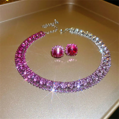 Luxury Crystal Necklace Earrings Set Pink ABcolourful Necklace for Women Weddings Party Jewelry Sets Accessories