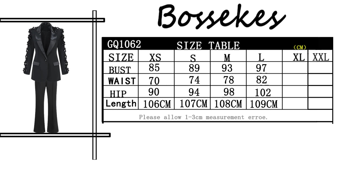 Elegant Women's Black Blazer Suit with 3D Floral Sleeve Embellishments Satin Lapel Slim Fit Two-Piece Set for Formal Party Wear