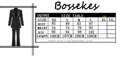 Elegant Women's Black Blazer Suit with 3D Floral Sleeve Embellishments Satin Lapel Slim Fit Two-Piece Set for Formal Party Wear