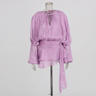 TWOTWINSTYLE Solid Spliced Lace Up Loose Dresses For Women O Neck Long Sleeve High Waist Temperament Dress Female Fashion New