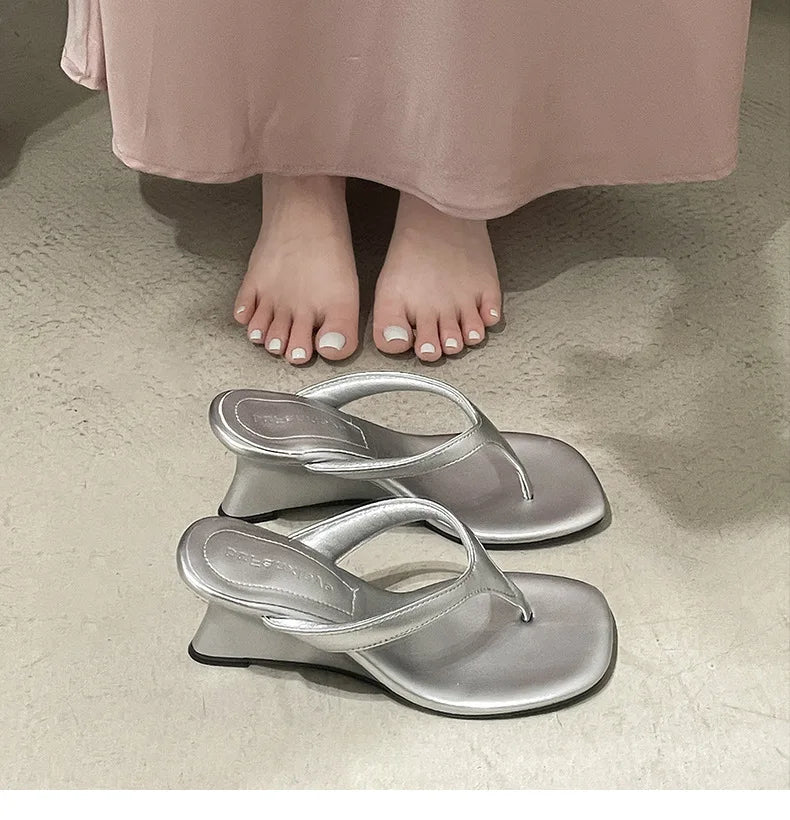 Women High-heeled Slippers 2025 Summer Clip Toe Flip Flop Fashion Pumps French Wedge Sandals Square Toe Ladies Shoes Sandalias