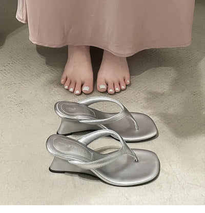 Women High-heeled Slippers 2025 Summer Clip Toe Flip Flop Fashion Pumps French Wedge Sandals Square Toe Ladies Shoes Sandalias