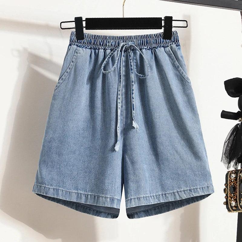 Plus Size Denim Shorts For Women 2024 Summer New Arrivals High Elastic Waist Soft Tencel Loose Blue Jeans Shorts Female Hot Sale