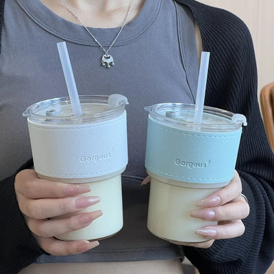 400ml with Lid Water Bottle New Creative with Straw Straw Cup Transparent Bamboo Cup Drink ware