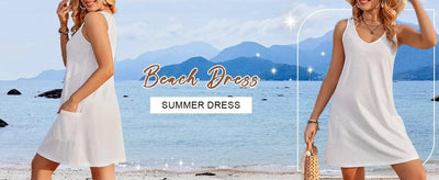 Womens Summer Dresses Plain Loose V Neck Sleeveless Sundresses Swimsuit Coverup With Pockets Vestidos Para Mujer платье женское