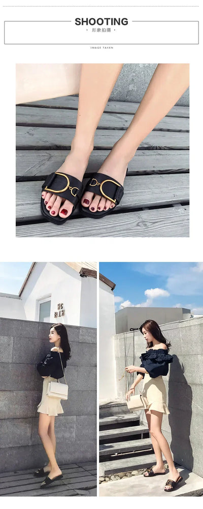 Summer Women Slippers Leather Square Toe Women Flats Flip Flops Designer Ladies Slides Sandals Women Shoes Luxury Sandals