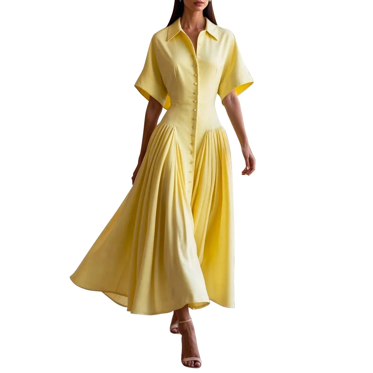 Modigirl Woman Summer Elegant Midi Dresses 2025 High Waist Lapel Neck Short Sleeves Buttoned Flowy A Line Shirt Dress for Women