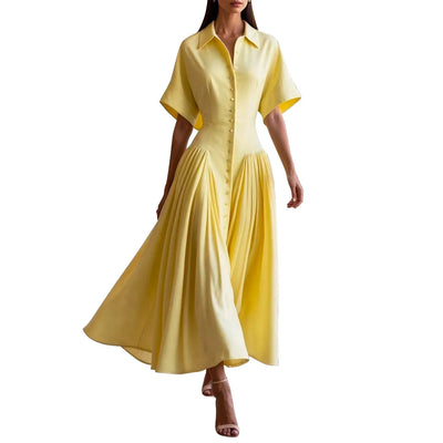 Modigirl Woman Summer Elegant Midi Dresses 2025 High Waist Lapel Neck Short Sleeves Buttoned Flowy A Line Shirt Dress for Women