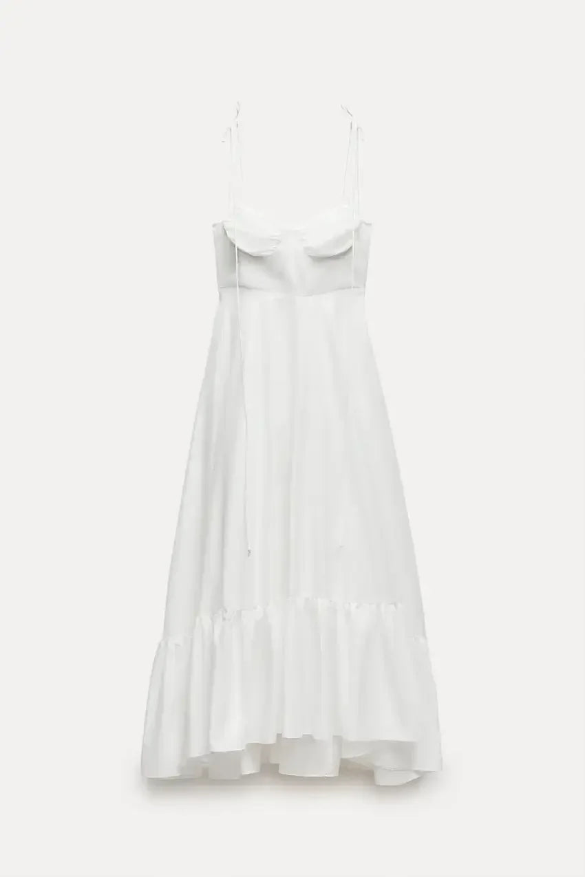 ZBZA Women's Tiered Poplin Dress Sweetheart Neckline Adjustable Bow Straps Sleeveless Camisole Midi Dress New Female Chic Dress