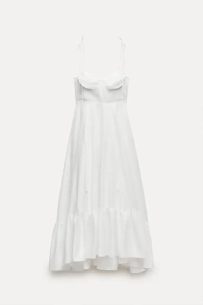 ZBZA Women's Tiered Poplin Dress Sweetheart Neckline Adjustable Bow Straps Sleeveless Camisole Midi Dress New Female Chic Dress