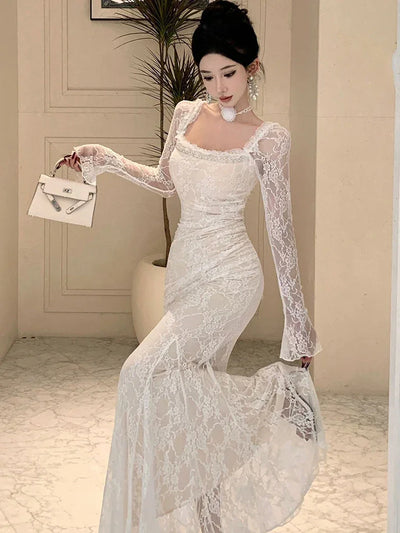 Women Korean Fashion Chic Luxury Evening Dress Autumn Winter White Lace Diamond Square Collar Dress 2025 Elegant Mermaid Dresses