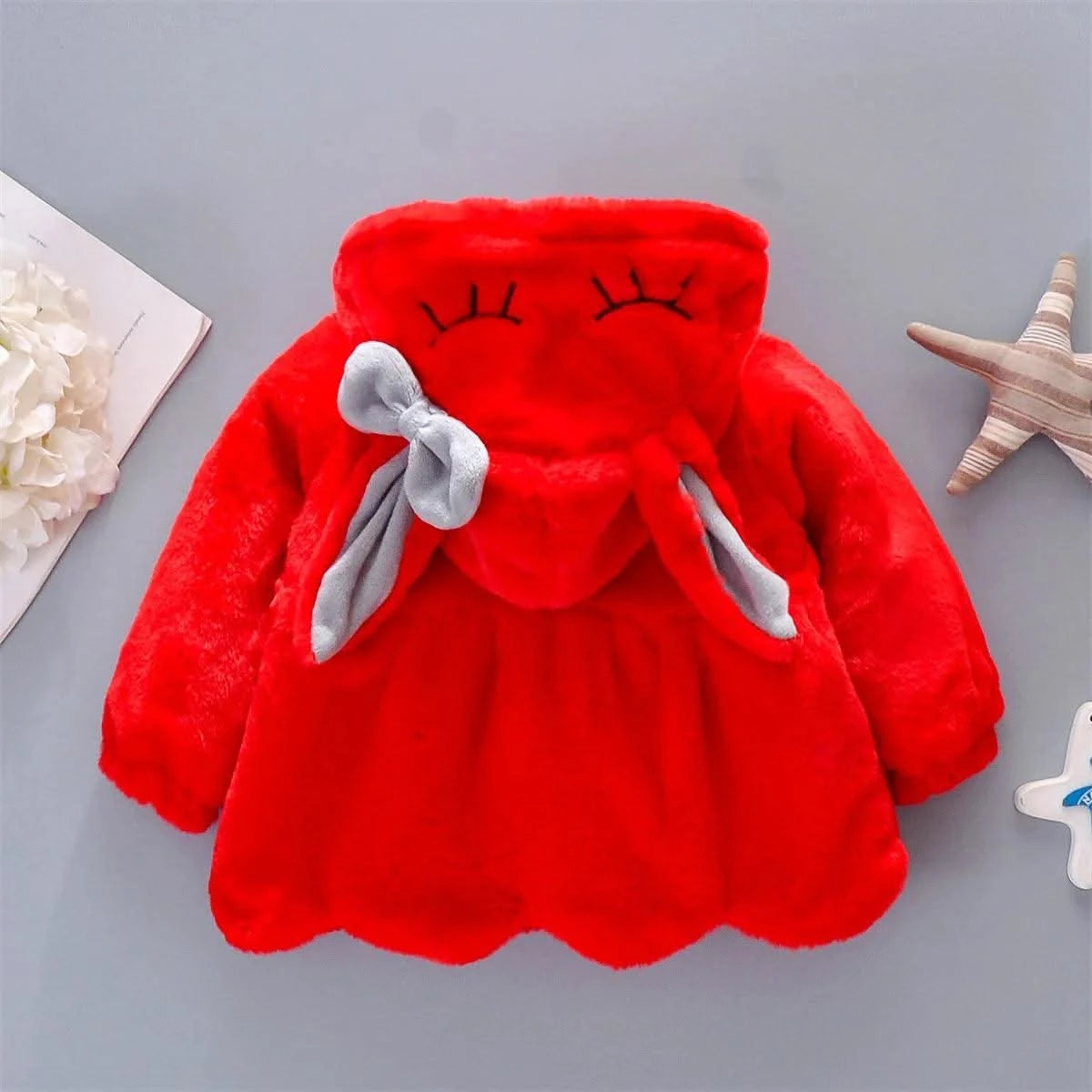 2pc/Set  Long Sleeve Cute Rabbit Hoodie Jacket Winter Plush Bow  | Baby Girl Clothes| Children 0-3years