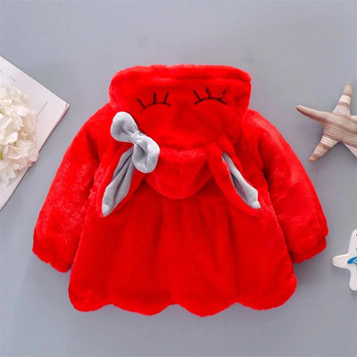2pc/Set  Long Sleeve Cute Rabbit Hoodie Jacket Winter Plush Bow  | Baby Girl Clothes| Children 0-3years