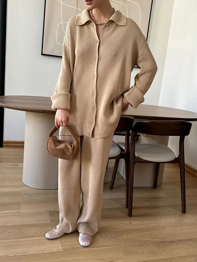 2025 Autumn Street Outfits Knitted Cardigan Pants Sets Women Single Breasted Lapel Sweater High Waist Wide Leg Trousers Suit