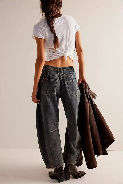 Midiross High Stretch Mid-Rise Barrel Jeans Fashion wide Leg Shape Women Casual Baggy Mid Waist Denim Jeans