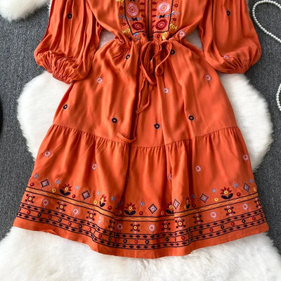 Boho Dress for Women Embroidery Floral Print V-neck Elastic Waist Lace-up Dresses with Belt Summer Vestidos Folds Dropshipping