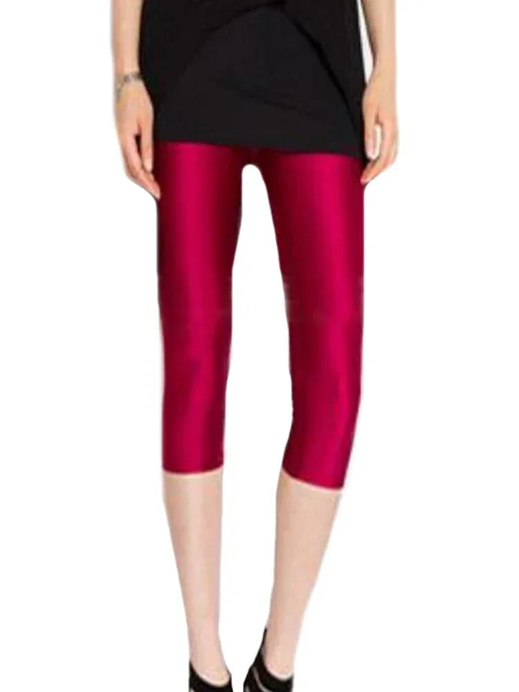 CUHAKCI Fluorescent Color Women Leggings Shiny Leggins Spandex Pants Summer Super Elastic Fitness Capris
