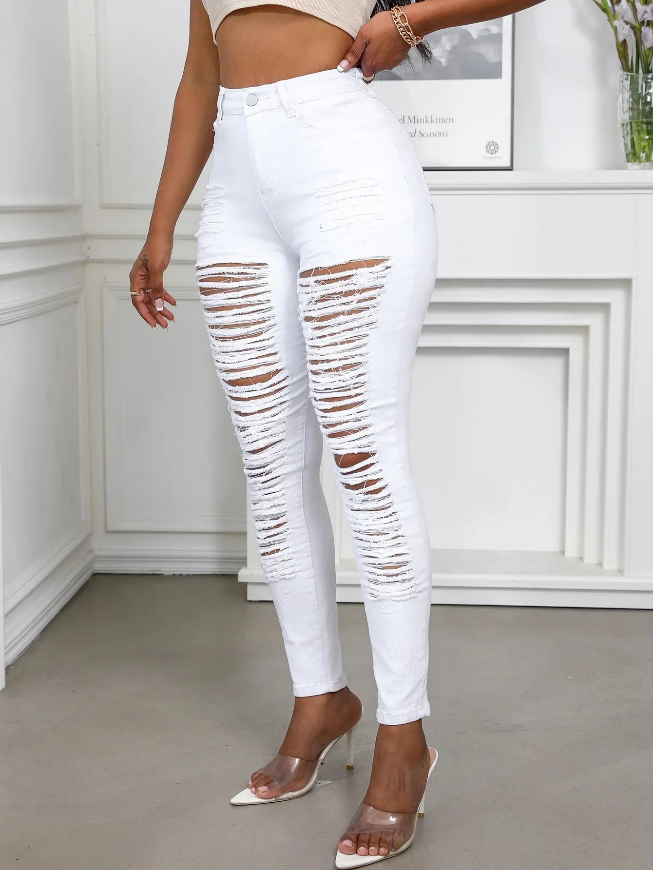 Women's Spring and Fall Fashion Elastic Ripped Jeans Women Casual Close-fitting High-waisted Denim Small Leg Pants Pencil Pants
