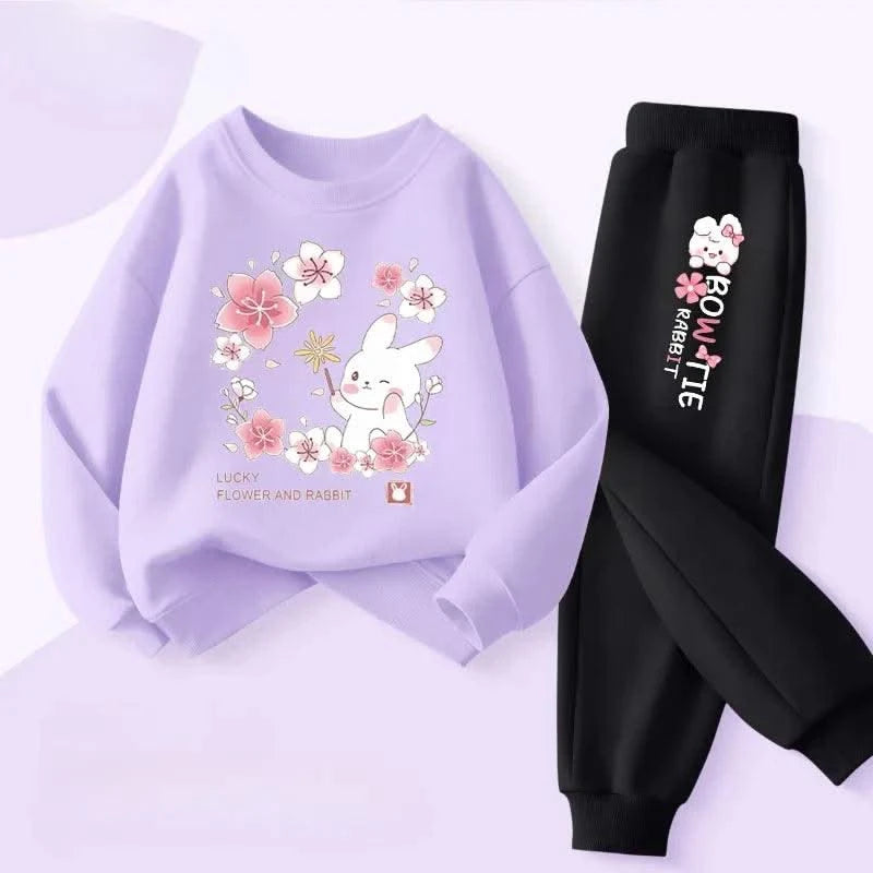 Cute Rabbit Printed Children's Sweatshirt Sweatpants Two Piece Suit |Girls Kids Outdoor Outfits