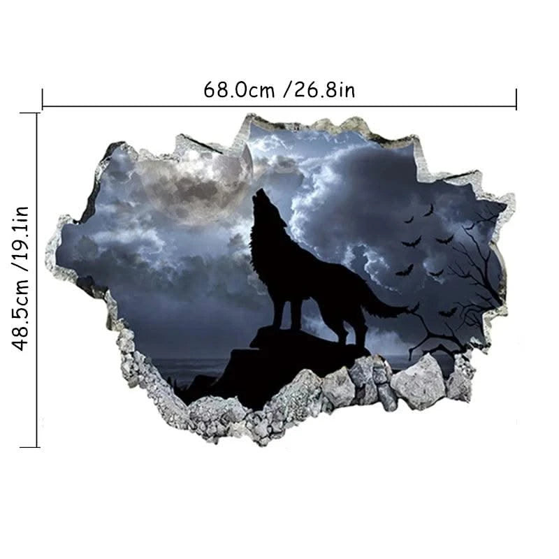 3D Broken Wall Hole Art Moon Night Wolf Howls Vinyl Mural Stickers Room Decorations for Home Items Self Adhesive Animal Poster