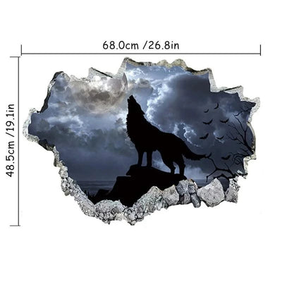 3D Broken Wall Hole Art Moon Night Wolf Howls Vinyl Mural Stickers Room Decorations for Home Items Self Adhesive Animal Poster