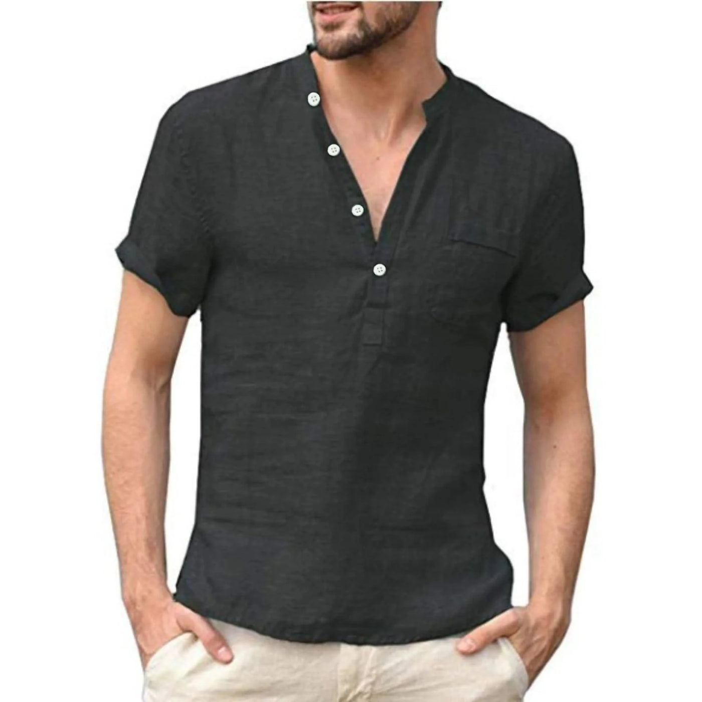 Linen Cotton Men's Shirt Henry Collar and Beach Pocket Casual Short Sleeved T-shirt Solid Color T-shirt Retro Streetwear
