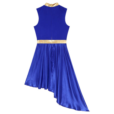 Women Lyrical Dance Dress Color Block Patchwork Invisible Zipper Back Flowy Asymmetrical Hem Sleeveless Dresses Dancewear
