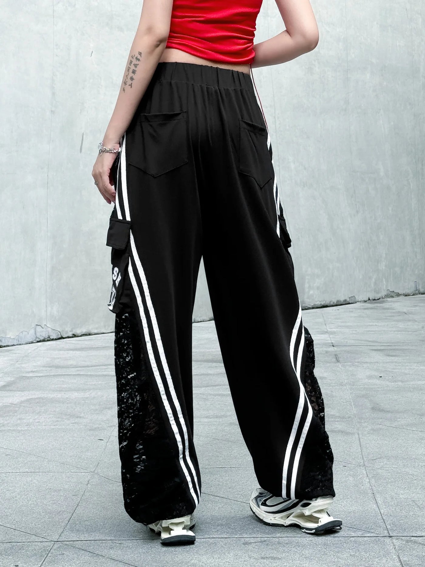 Wide Leg Pants Women Floor Length Patchwork Lace Denim Stripe Print High Waist Multiple Pockets 2025 Streetwear Cargo Trousers